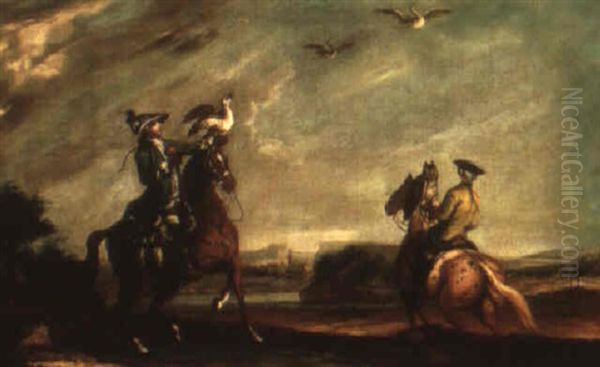 Landscape With A Hawking Party Oil Painting by Johann Elias Ridinger or Riedinger