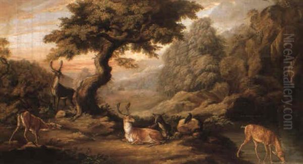 A Moutainous Landscape With Deer Watering At A Rocky Pool Oil Painting by Johann Elias Ridinger or Riedinger