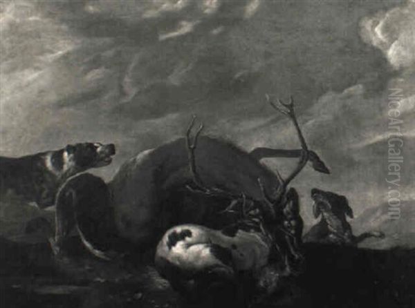 Hirschjagd Oil Painting by Johann Elias Ridinger or Riedinger