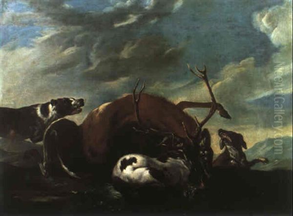 Hirschjagt In Bergigem Gelaende Oil Painting by Johann Elias Ridinger or Riedinger