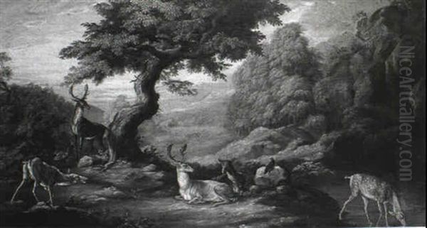 Deer In A Wooded Landscape Oil Painting by Johann Elias Ridinger or Riedinger