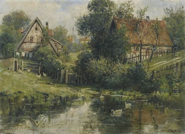 Landschaft Mit Teich Bei Schonfeld (weisig) Oil Painting by Emil Rieck