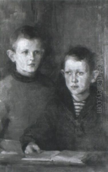 Bildnis Zweier Knaben Mit Buch Oil Painting by Arthur Riedel