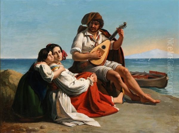 A Neapolitan Fisherman And His Family Oil Painting by August Riedel