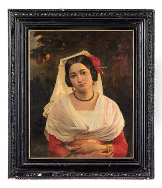 Ritratto Di Popolana Con Collana Di Corallo Oil Painting by August Riedel