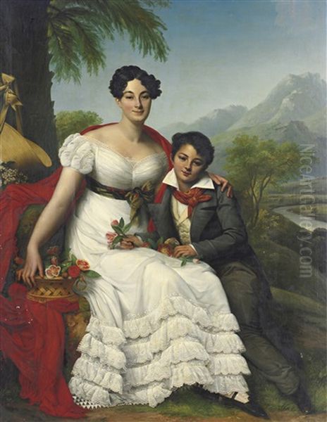 Portrait Of A Lady And Her Son Oil Painting by August Riedel