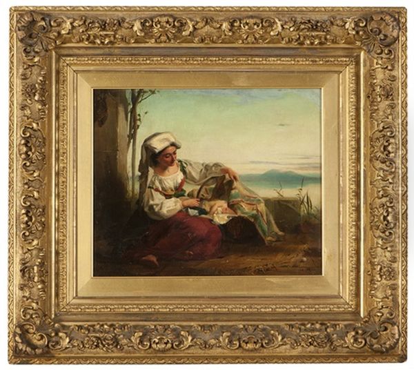 Seated Woman With Child Oil Painting by August Riedel