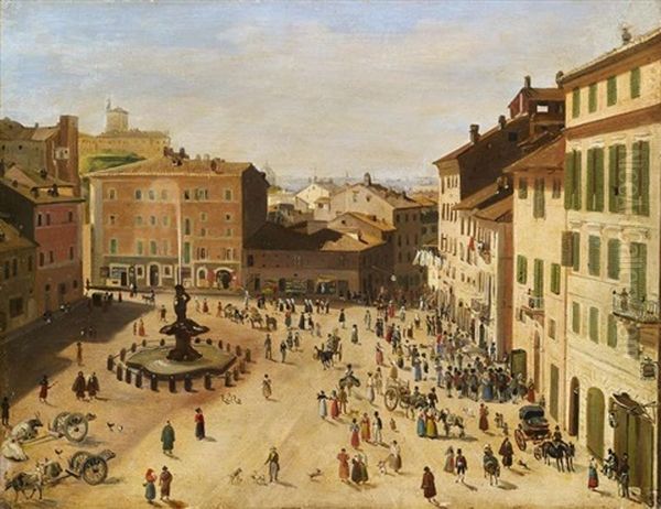 Rom. Piazza Barberini Oil Painting by August Riedel
