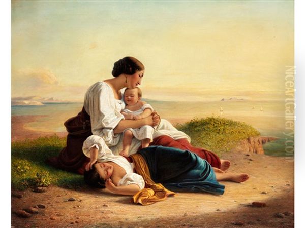 Junge Italienerin Mit Zwei Schlafenden Kindern An Kuste Oil Painting by August Riedel