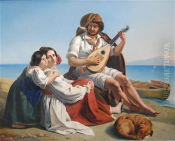 A Musician And Two Women Seated On The Shores Of The Neapolitan Coast Oil Painting by August Riedel