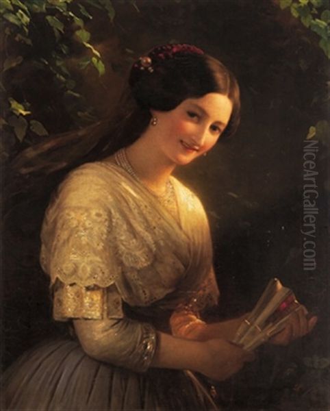 Junge Frau Mit Facher Oil Painting by August Riedel