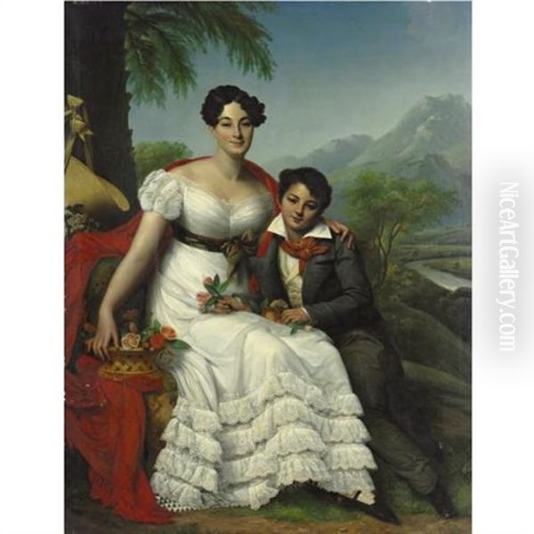 Portrait Of A Lady And Her Son Oil Painting by August Riedel