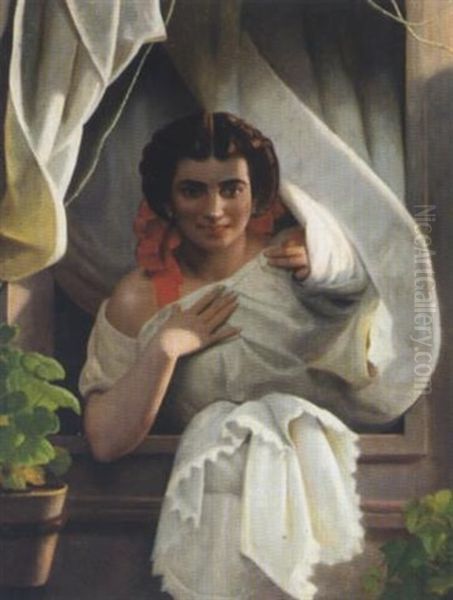 Junge Italienerin Am Fenster Oil Painting by August Riedel