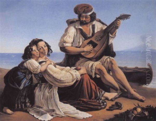 Neapolitanische Fischerfamilie Am Meeresufer Oil Painting by August Riedel