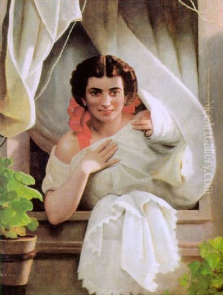 Junge Italienerin Am Fenster Oil Painting by August Riedel