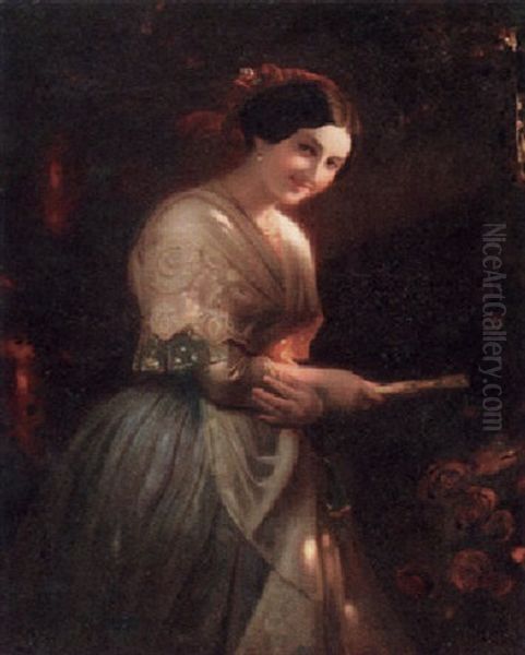 Bildnis Einer Jungen Frau Mit Facher Oil Painting by August Riedel