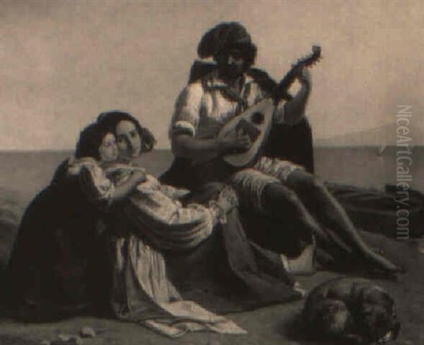 Strandparti Med Neapolitiansk Fiskerfamilie Oil Painting by August Riedel