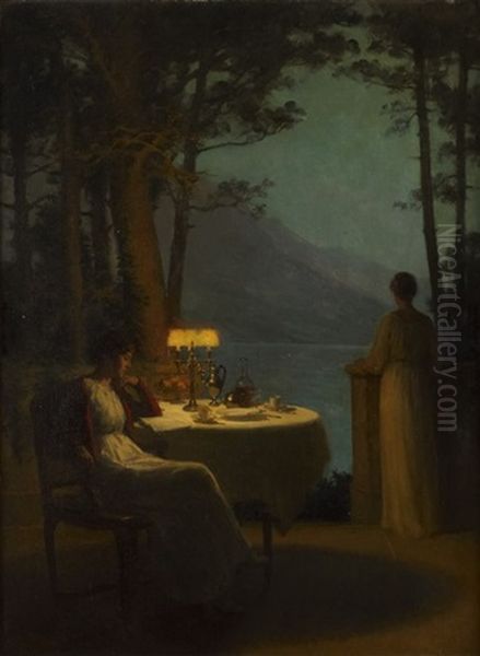 Deux Jeunes Femmes Dinant Sur Une Terrasse Oil Painting by Marcel Rieder