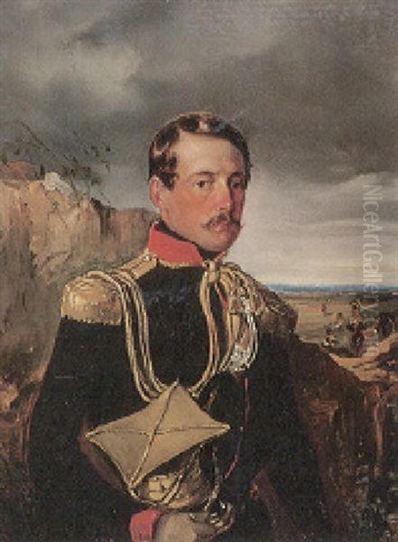 Portrait Des Louis Adolph Comte Spangen D'uyternesse In Der Uniform Eines Rittmeisters Des 8. Husarenregiments Sachsen-coburg-gotha Oil Painting by Wilhelm August Rieder