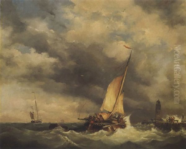 Fischerboot Vor Dem  Hafen Auf Bewegter See Oil Painting by Nicolaas Riegen
