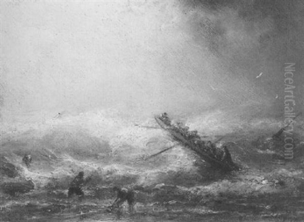 Sloep In Een Onstuimige Branding Oil Painting by Nicolaas Riegen