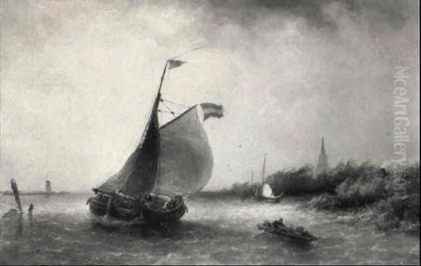 A Fishing Boat And Other Boating In A River Estuary Oil Painting by Nicolaas Riegen
