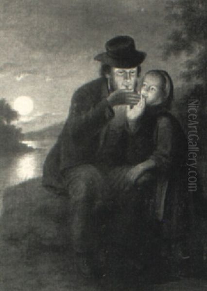 Father And Daughter By A Moonlit Lake Oil Painting by Nicolaas Riegen