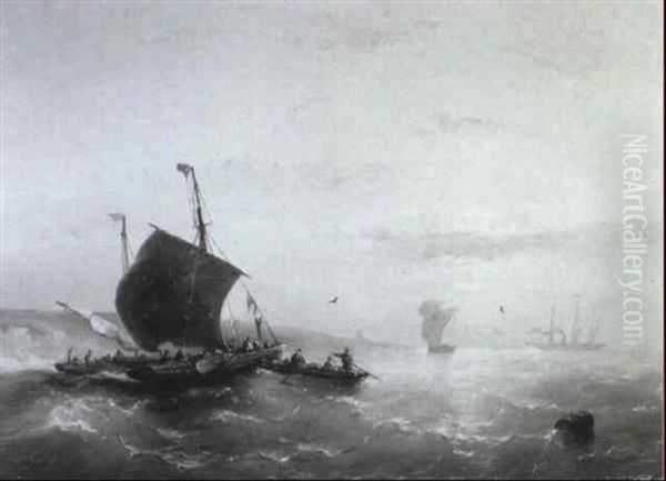 Bateaux De Pecheurs Dans Une Brise Legere, Pres De La Cote Oil Painting by Nicolaas Riegen