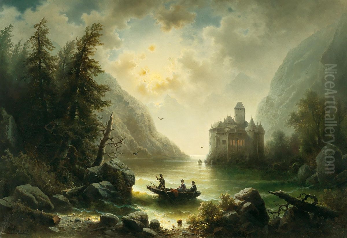 Crossing In A Moonlit Night Oil Painting by Albert Rieger