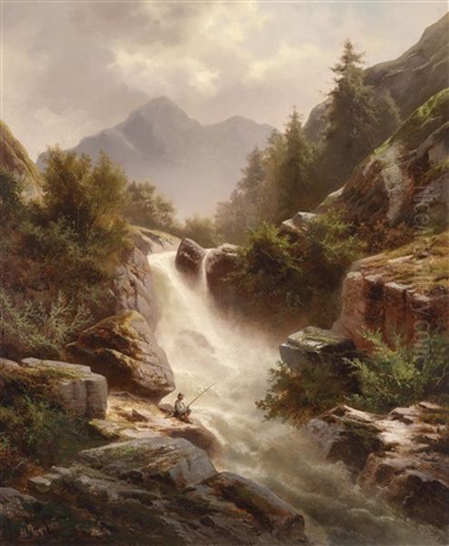 Angler Am Wasserfall Oil Painting by Albert Rieger