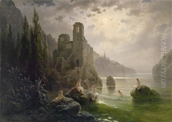Burgruine Am Meer Oil Painting by Albert Rieger