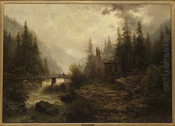 Landskap Med Kyrka Och Brusande Fors Oil Painting by Albert Rieger