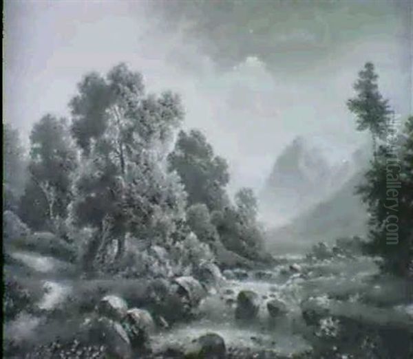 Gebirgsbach In Der Abenddammerung Oil Painting by Albert Rieger