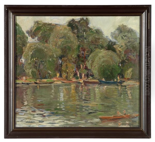 Ruderboote Am Heustadlwasser (+ Studie Eines Dorfes Am Bach, Verso) Oil Painting by August Rieger