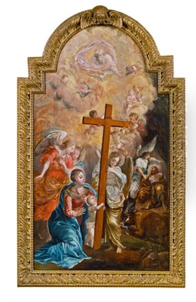 Madonna Mit Dem Kreuzhaltenden Christuskind, Im Hintergrund Engel Und Josephs Traum, Bekront Von Gottvater Oil Painting by Johann Rieger