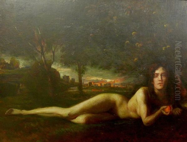 Liegender Akt Mit Apfel Vor Landschaft Mit Brennender Stadt Oil Painting by August Rieper