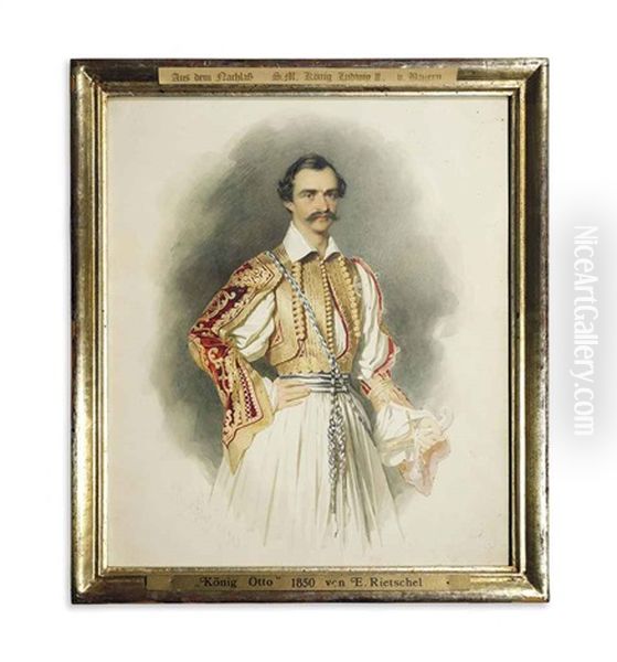 Otto I (1815-1867), Prince Of Bavaria And King Of Greece, In National Greek Dress, Wearing The Breast-star Of The Royal Greek Order Of The Redeemer Oil Painting by Ernst Wilhelm Rietschel