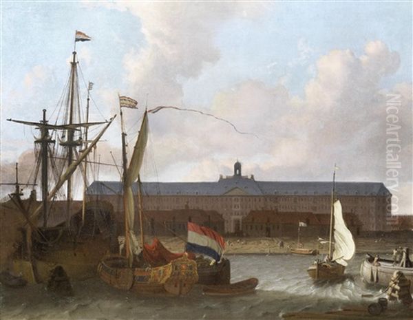 Dutch Ships At Anchor, Before The Dock Of The Dutch East India Company In Amsterdam Oil Painting by Hendrik Rietschoof