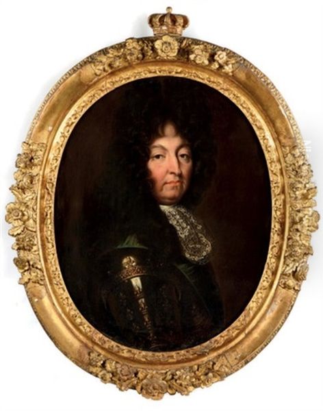 Portrait En Buste Du Roi De France Louis Xiv (1638 - 1715) Coiffe D'une Longue Perruque Dans Une Armure A Fleur De Lys Barree Par Le Grand Cordon Bleu De L'ordre Du Saint Esprit Oil Painting by Hyacinthe Rigaud
