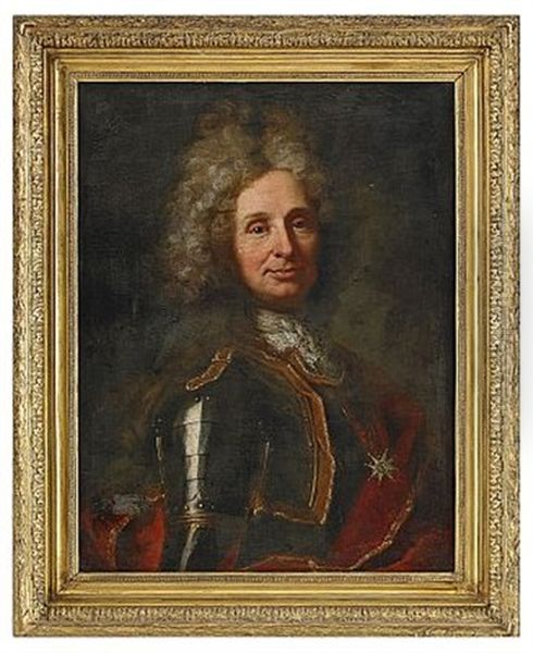 Portratt Forestallande Officer Ikladd Rustning Och Rod Mantel Oil Painting by Hyacinthe Rigaud
