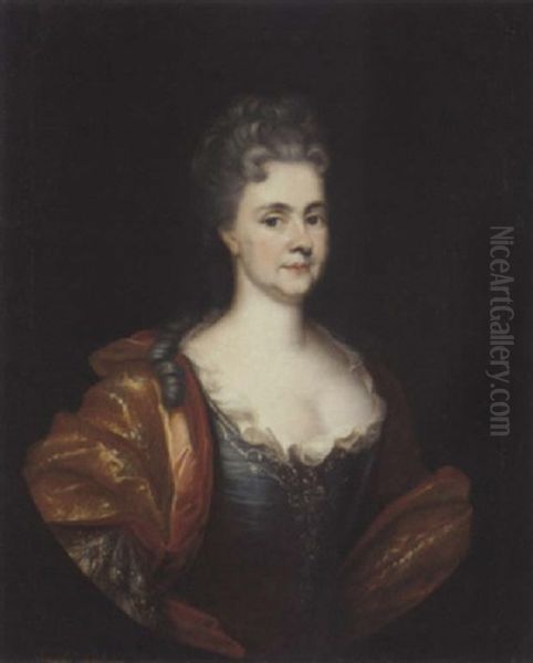 Portrait Of A Lady In A Blue Dress And A Gold And Silver Wrap Oil Painting by Hyacinthe Rigaud