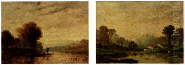 Bergeres Et Troupeau Pres De L'etang Chasseurs Sur La Berge (pair) Oil Painting by Auguste Maillet Rigon