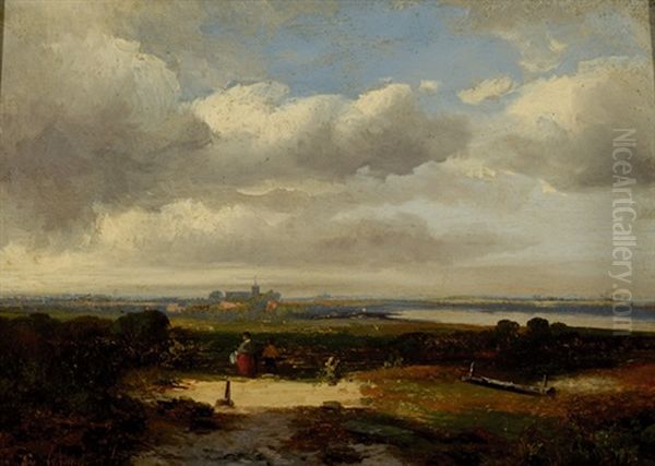 Figures In A Wide Landscape With In The Distance A City Oil Painting by Hermanus Jan Hendrik Rijkelijkhuysen