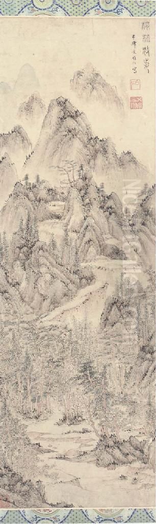 Two Figures At The Edge Of A Forest Oil Painting by Wen Boren