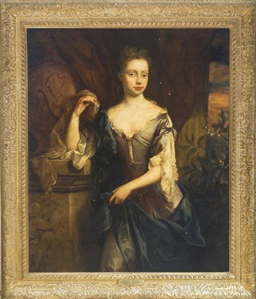 Portrait Of Jemima Crewe, Later Duchess Of Kent (d. 1728), Three-quarter Length, In A Grey Dress, Leaning On A Sculpted Pedestal Oil Painting by John Riley