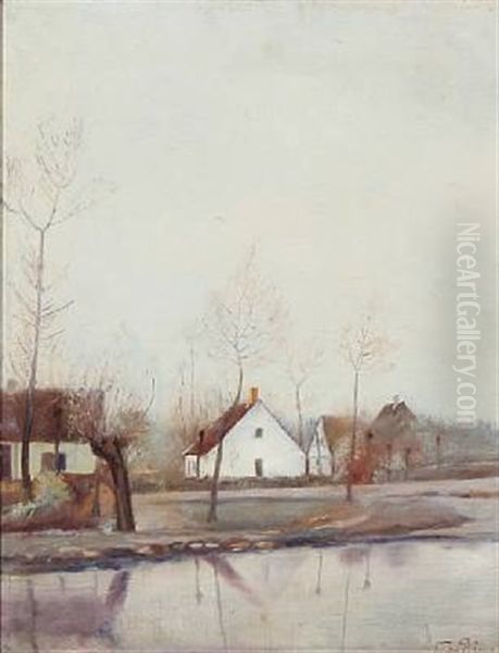 Autumn Day At A Pond In A Village Oil Painting by Laurits Andersen Ring