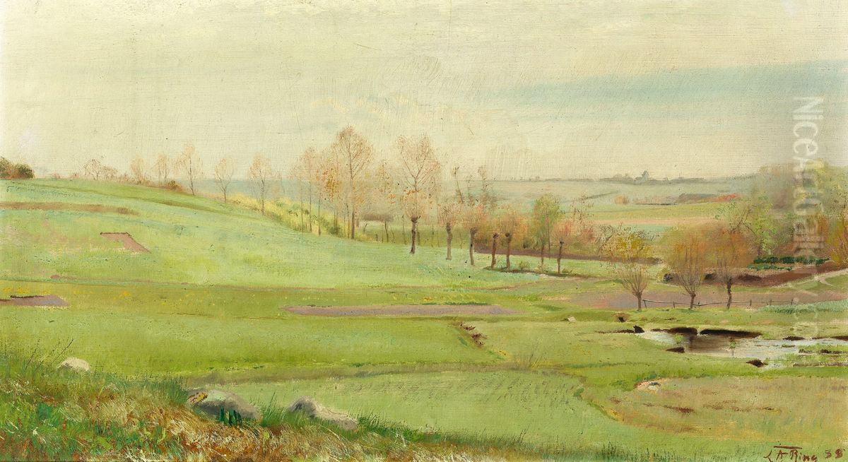 Foaarslandskab Med Lysegronne Marker; Et Vandhul Til H. Mogenstrup Oil Painting by Laurits Andersen Ring
