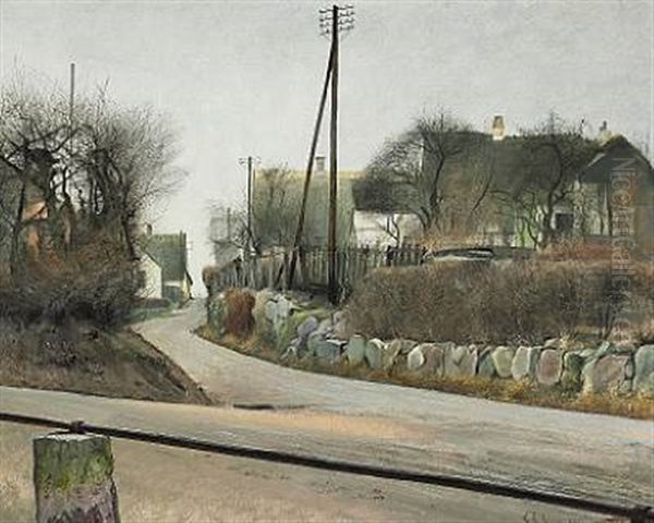 Gade. St. Jorgensbjerg. I Forgrunden En Jernstang Fastgjort Som Raekvaerk Paa Tilhuggede Granitstene. Paa Den Anden Side Af Vejen En Kampestenssaetning. Lysegraa Luft Oil Painting by Laurits Andersen Ring