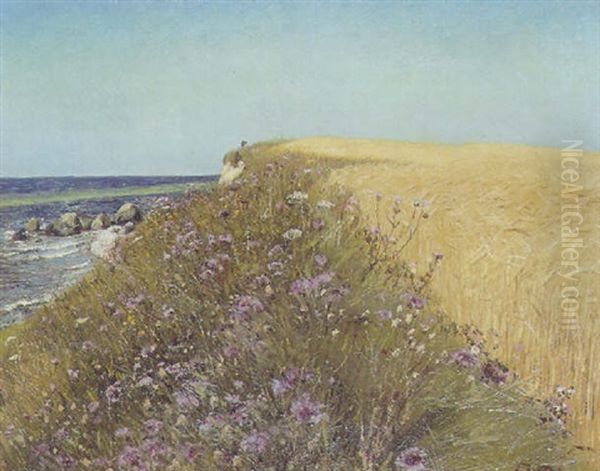 Sommerlandskab. I Forgrunden Skraent Med Mange Vilde Blomster Oil Painting by Laurits Andersen Ring