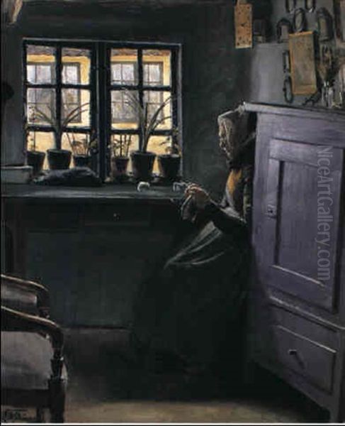 Interior Med Strikkende Gammel Kone. Naestved Oil Painting by Laurits Andersen Ring
